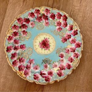 Antique 19th C. NIPPON Hand Painted Plate Pink Flowers On Light‎ Blue Gold Trim